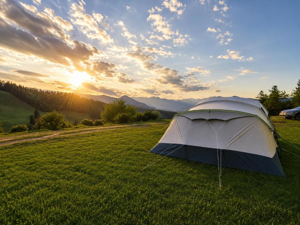 a tent in a field with the sunset in the background at Camping & Glamping Čenda in Železniki