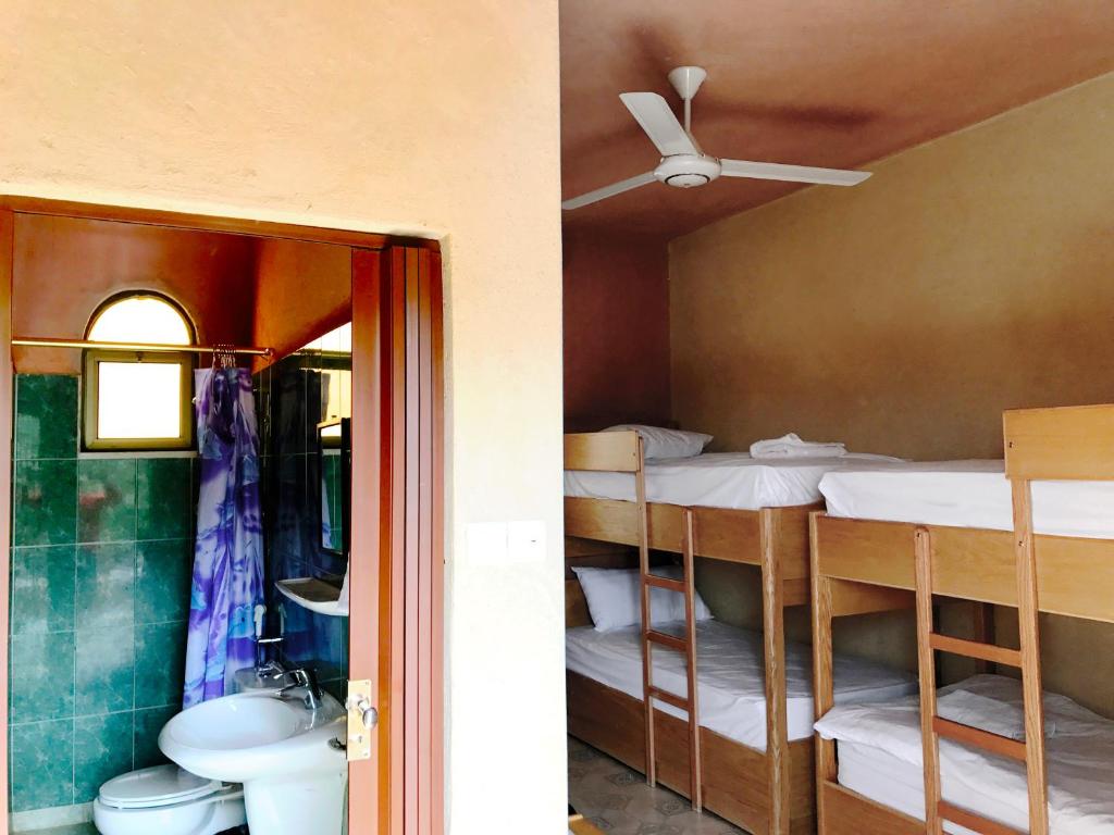 a room with bunk beds and a bathroom with a ceiling fan at Arab Divers Dive Center and Bed & Breakfast in Aqaba