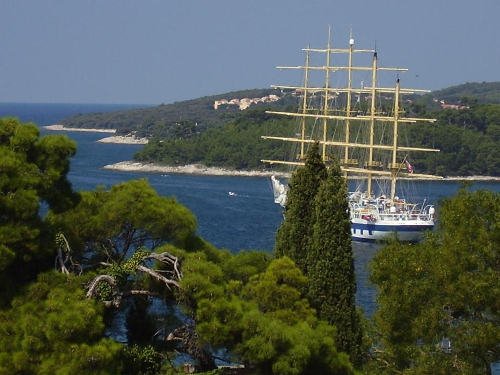 Un grand bateau est amarré dans une grande étendue d'eau. dans l'établissement Apartments & Room Anita, à Rovinj