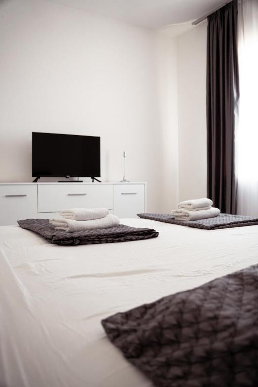a bedroom with two beds with a flat screen tv at T&M Apartman in Paraćin