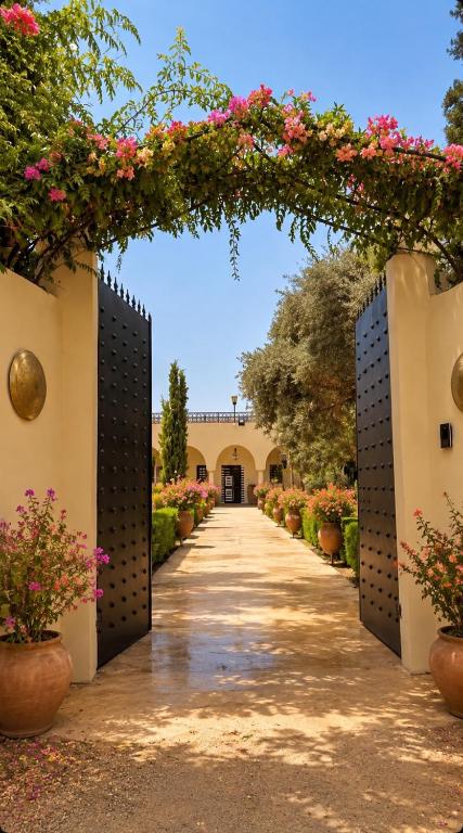 an entrance to a garden with pink flowers at Dar Benyahya in Aït Zat