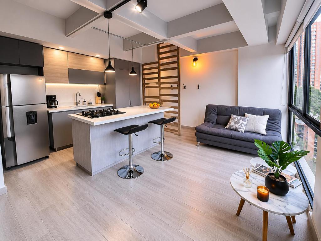 a kitchen and living room with a couch and a table at Lovely Private Apto in Poblado in Medellín