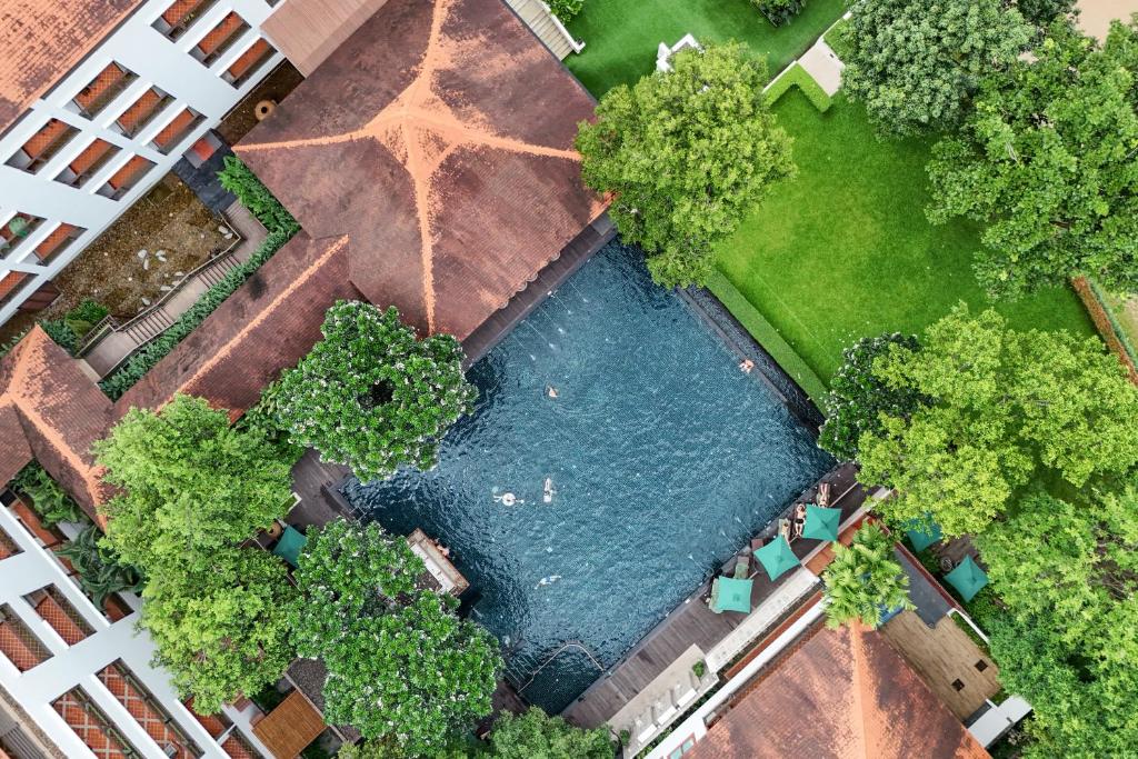 An overhead view of a large resort pool surrounded by trees, loungers and tiled buildings.