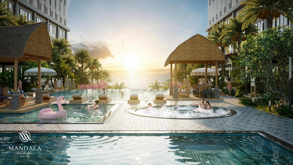 a rendering of a resort swimming pool with people in them at Mandala Pearl Resort in Phan Thiet