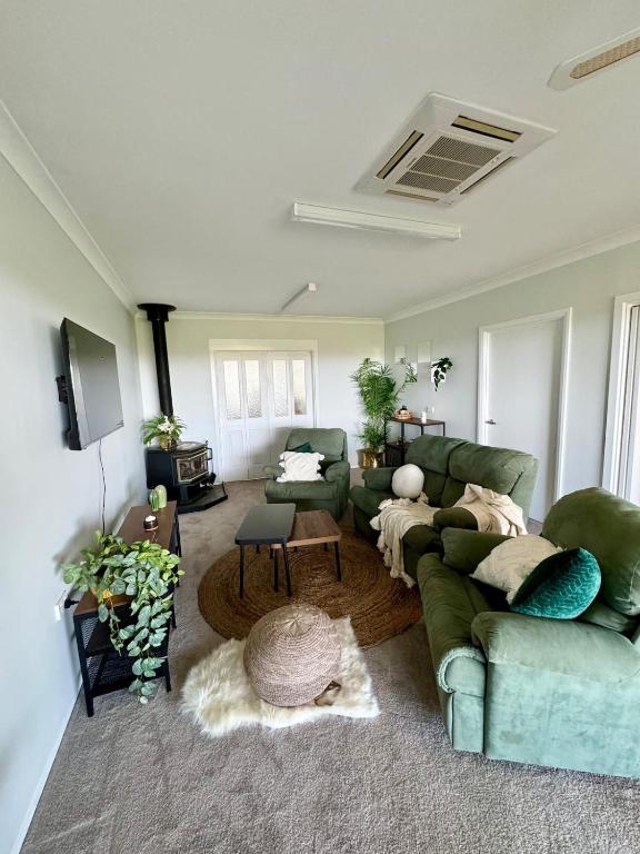 a living room with green couches and a rug at Backyard Bliss in Waikerie