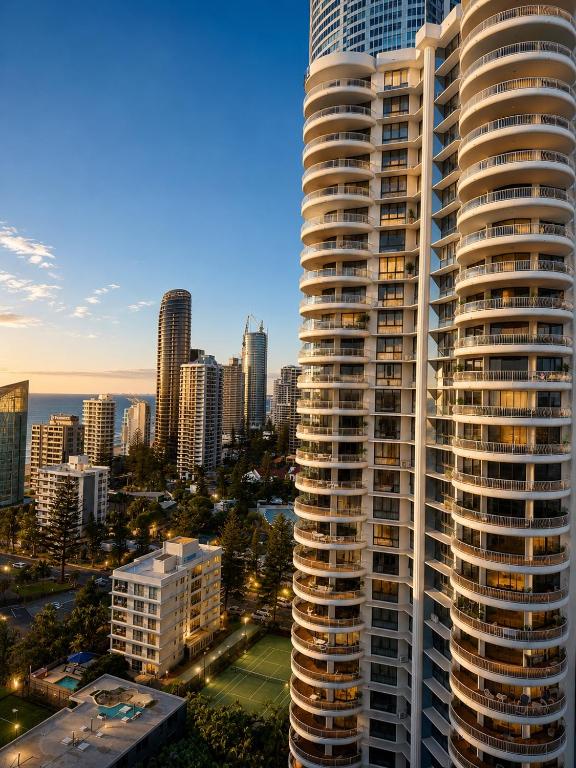 a view of a tall building in a city at Stunning City View Beachfront Apartment in Gold Coast