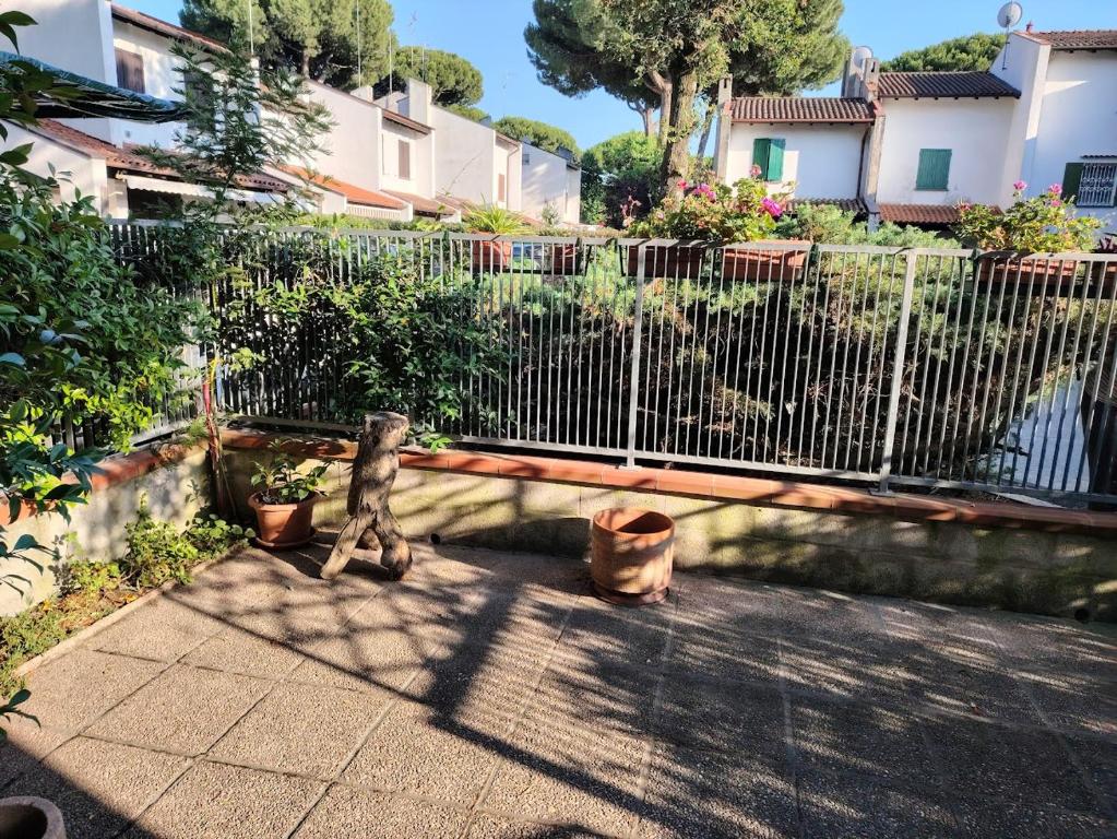 a statue of a cat standing in front of a fence at le macchie in Lido degli Estensi