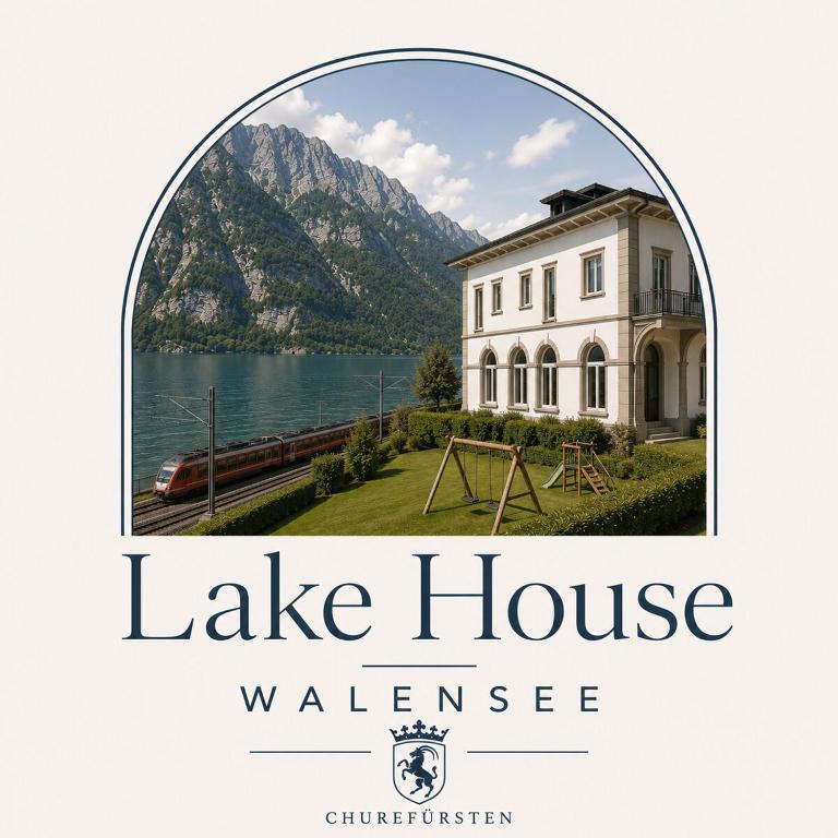 a sign that reads lake housewitzerland with a building at Lake House in Mühlehorn
