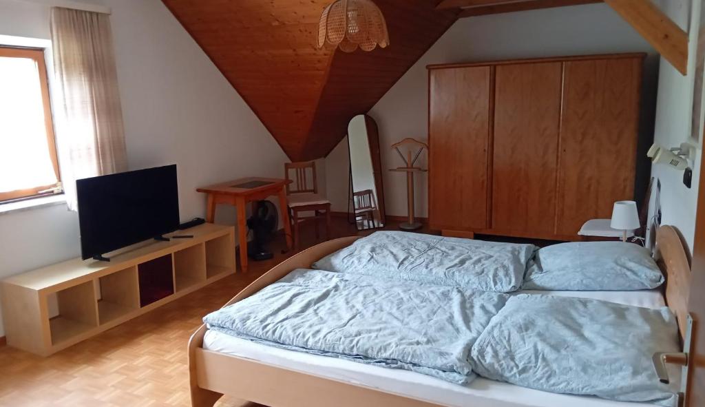 a bedroom with a bed and a flat screen tv at Gasthaus Adler in Wangen im Allgäu