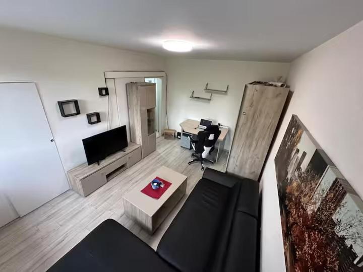 a living room with a couch and a desk at Comfy Flat in New Belgrade in Belgrade