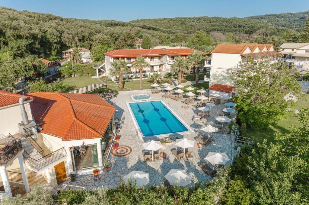 an aerial view of a villa with a swimming pool at Byzantio Resort in Parga