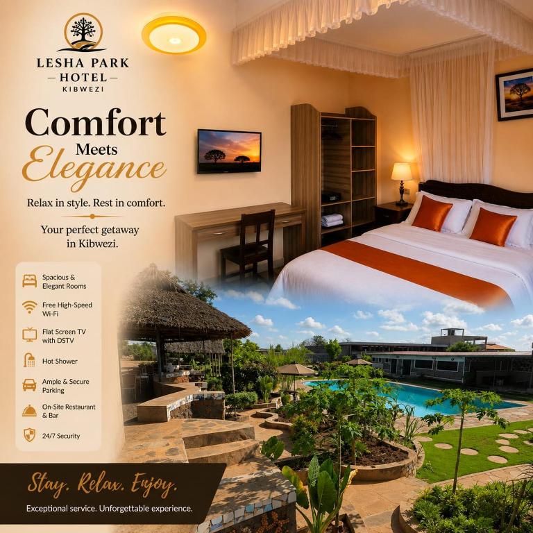 a flyer for a hotel room with a bed and a pool at Lesha Park Hotel in Libwezi