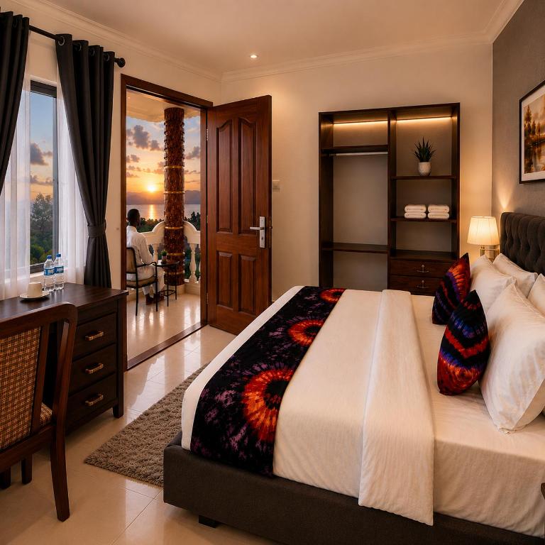 a bedroom with a large bed with a desk and a desk at Kivu Go-Lax Resort in Gisenyi