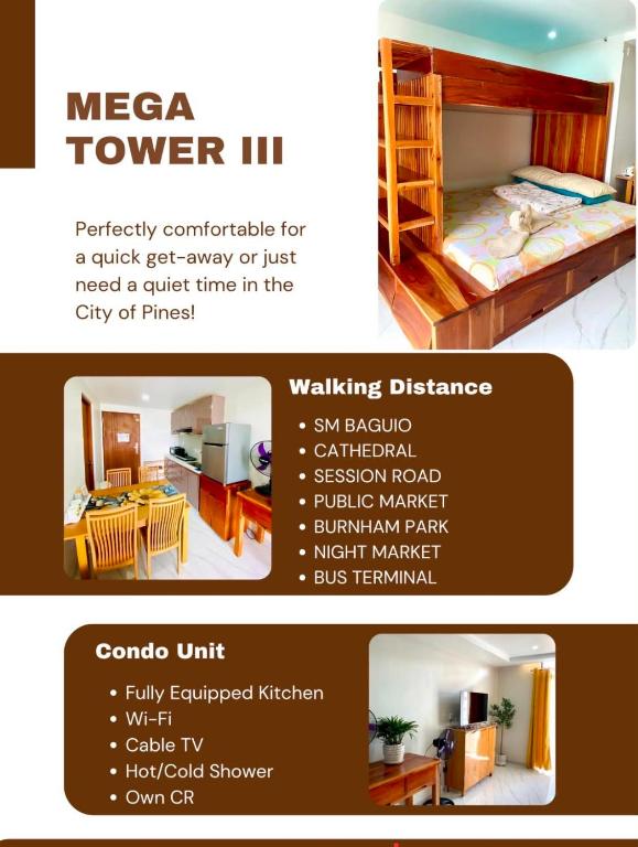 a flyer for a mecca tower inn with a bed and a desk at Unit 8F-34 Megatower Residences 3 in Baguio