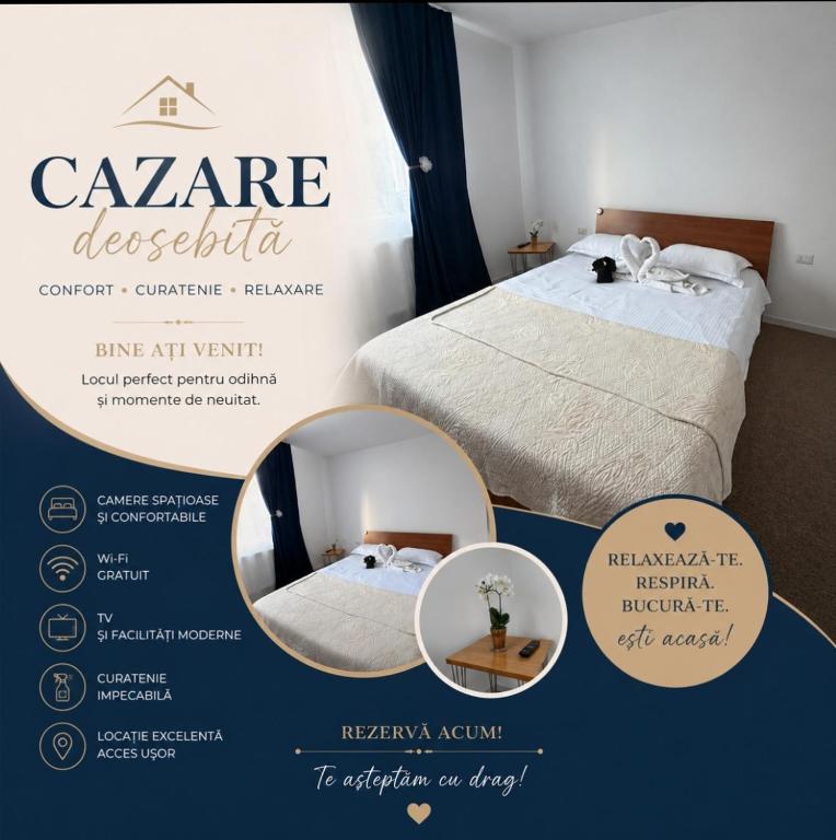 a flyer for a bedroom with two beds and a mirror at La Daniela in Făgăraş