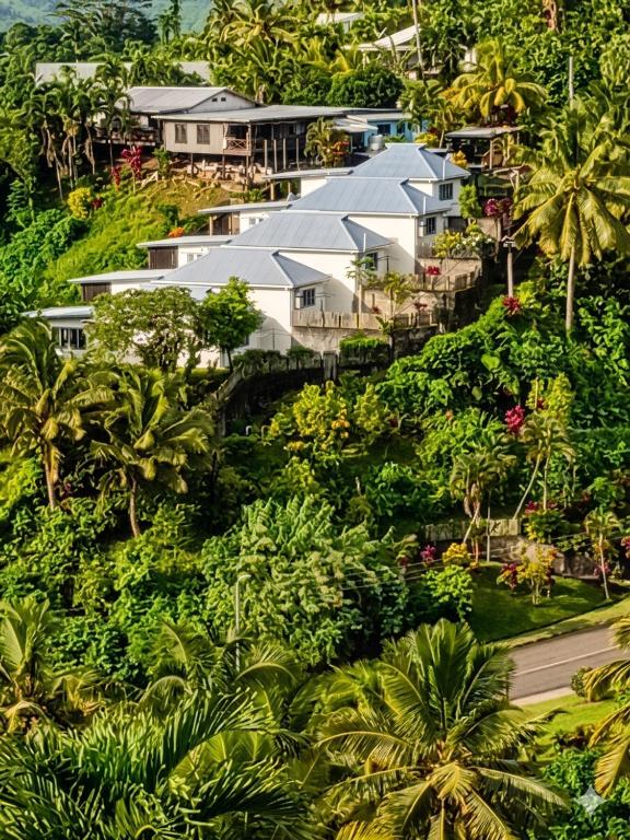 an aerial view of houses on a hill with palm trees at Savusavu Terraces - Unit 3 in Savusavu