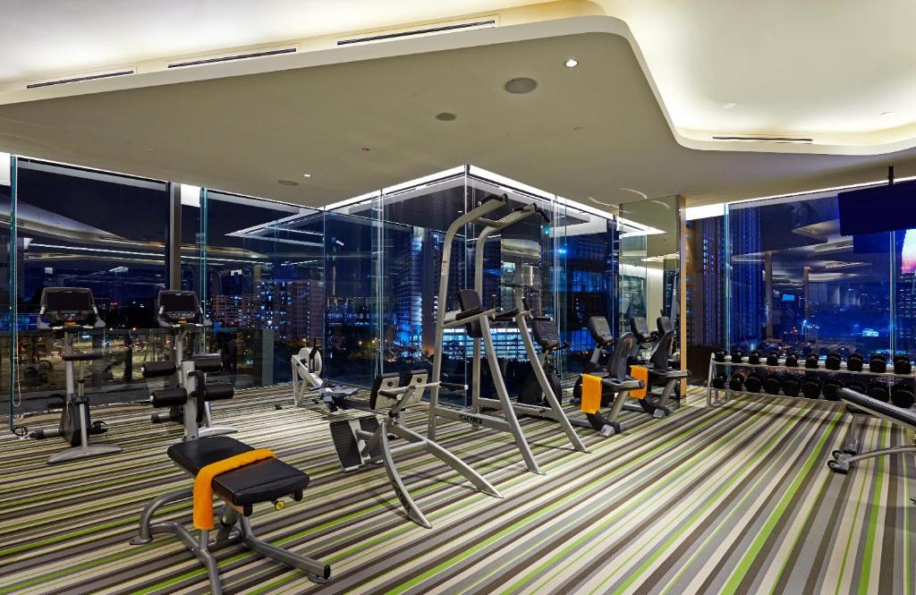 A mirrored hotel gym with cardio machines, weights, and a city view.