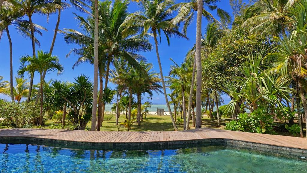 a pool with palm trees and the ocean in the background at Villa Philibert in Riambel