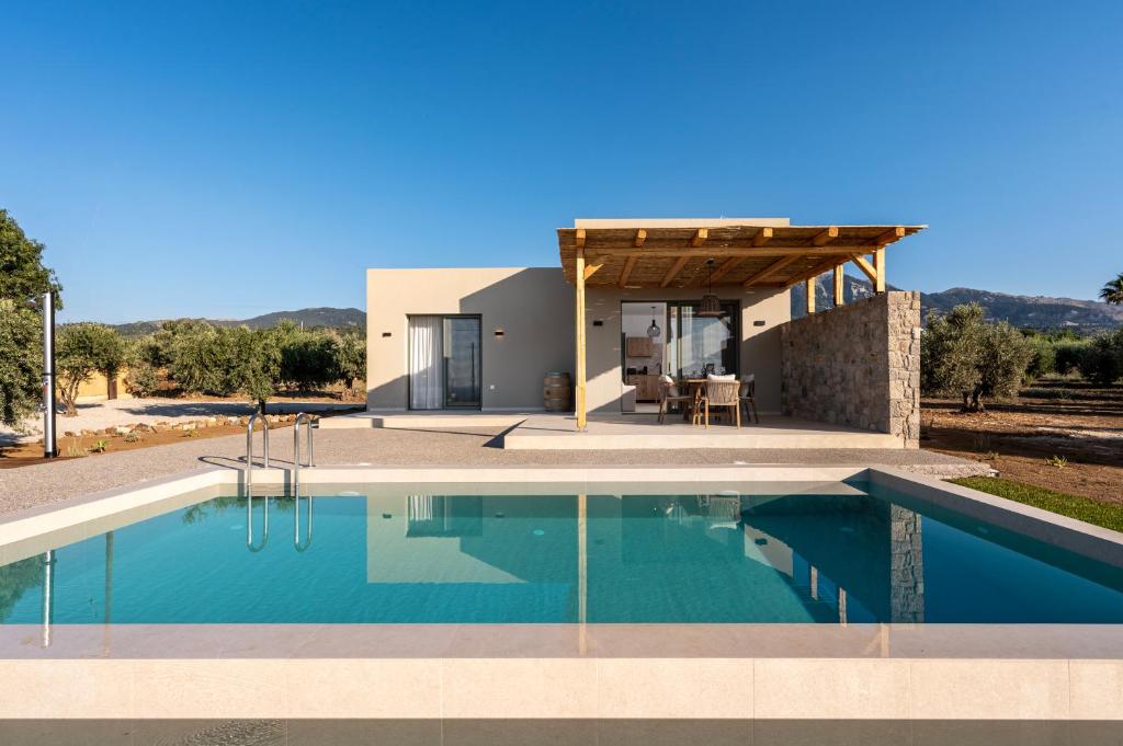 a villa with a swimming pool in front of a house at Ampeli Residences-Sea view-Private Pool in Zipárion
