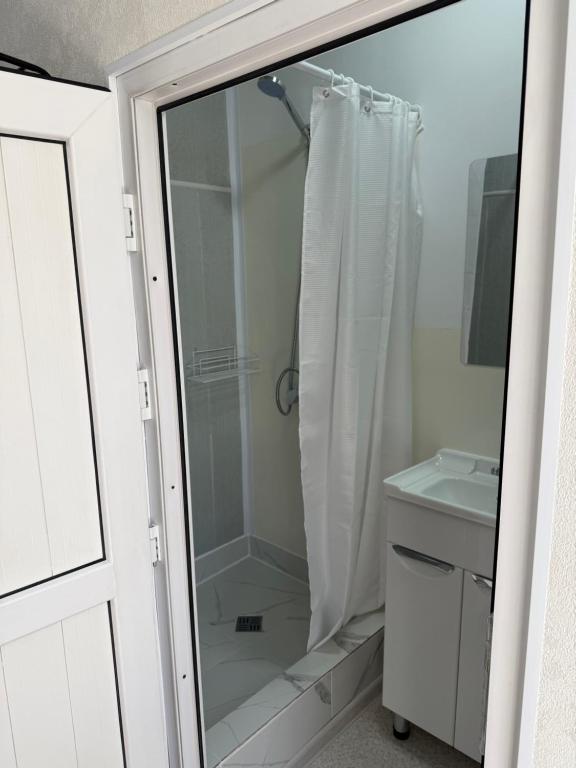 a bathroom with a shower and a sink at Yhome in Karakol