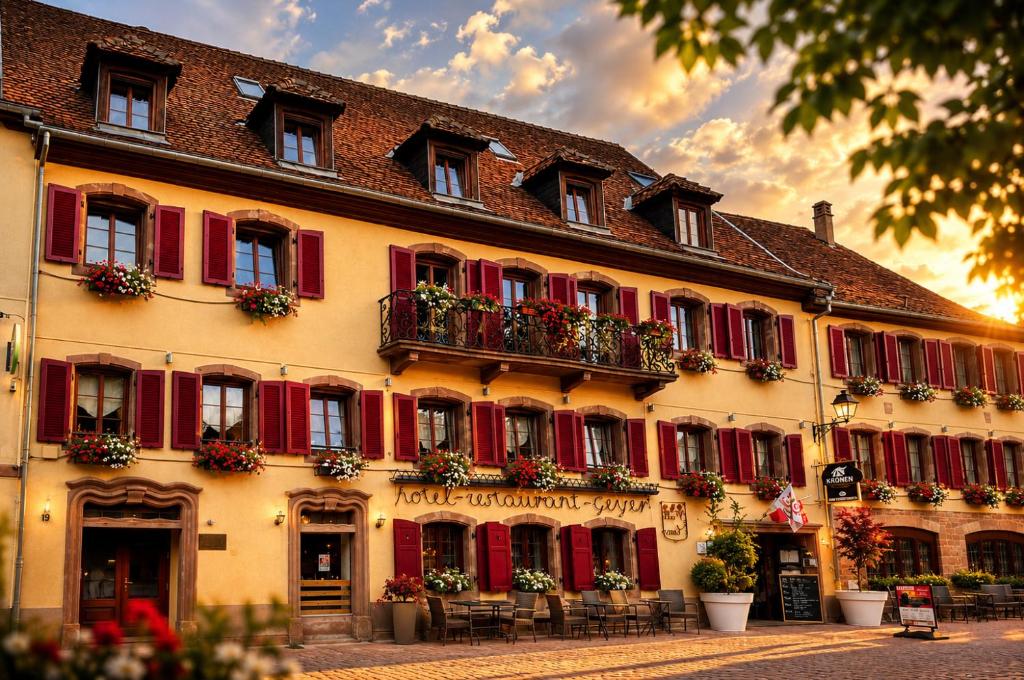 a building with red shutters and tables and chairs at Logis Hôtel-Restaurant Aux Trois Roses in La Petite-Pierre