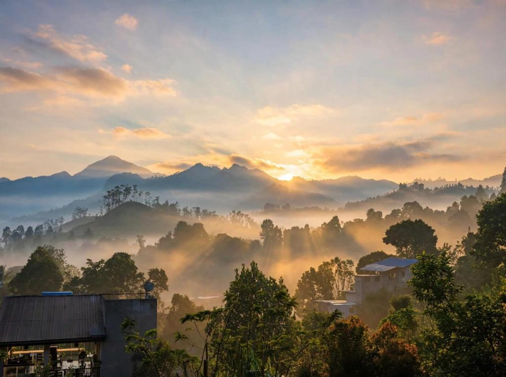 a misty sunrise in the mountains with trees and a building at Ella Dream Mount in Ella
