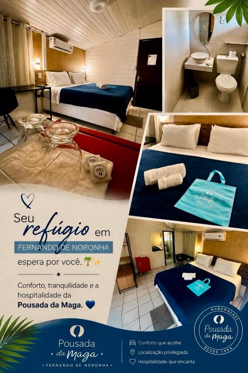 a collage of three pictures of a hotel room at Pousada da Maga in Fernando de Noronha