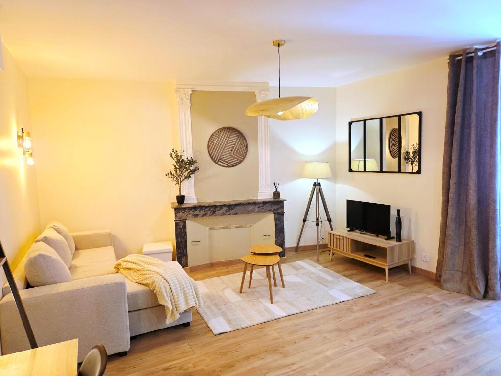 a living room with a couch and a fireplace at 1A Liberte in Saint-Affrique