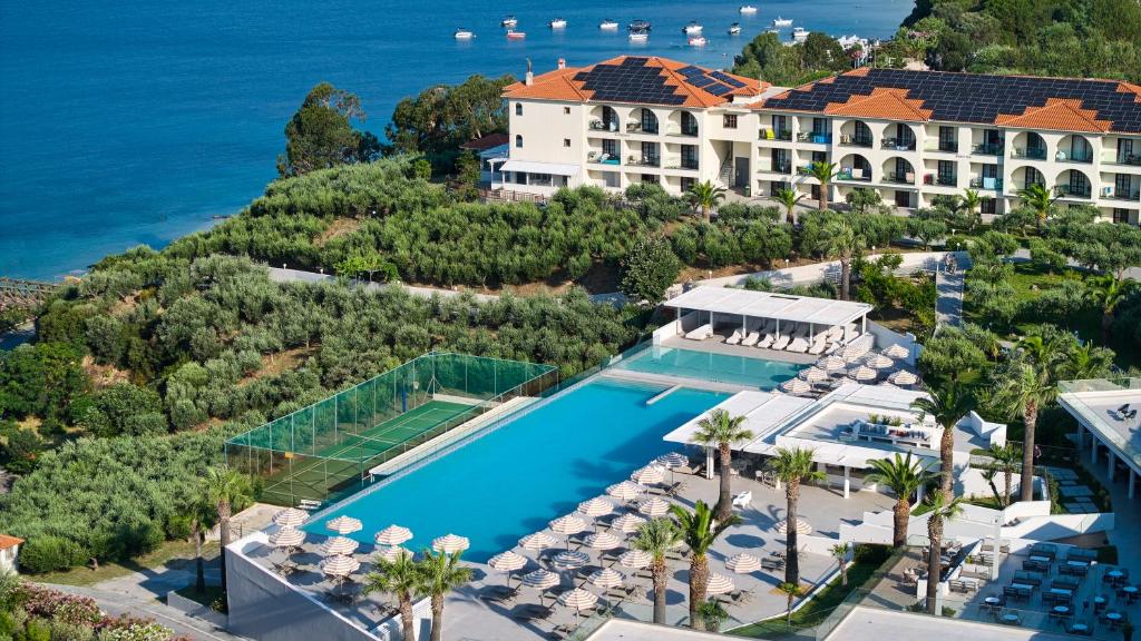 an aerial view of a resort with a swimming pool at Akrathos Beach Hotel in Ouranoupoli