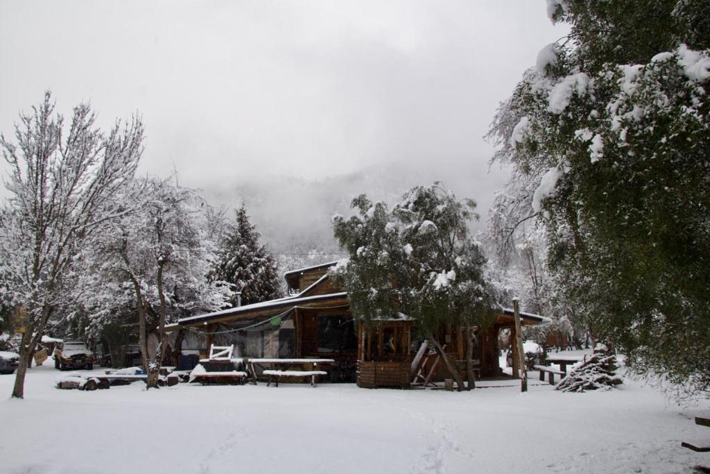 a cabin with snow on the ground next to trees at Los Coihues camping & hostel in San Carlos de Bariloche