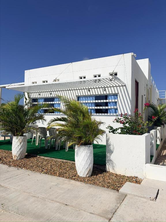 a white building with palm trees inront of it at Atardeceres casa de playa in Cartagena de Indias