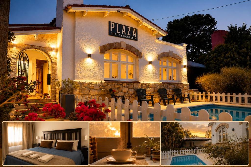 a villa with a bed and a fence in front of it at Apart Hosteria Plaza- La Cumbre in La Cumbre