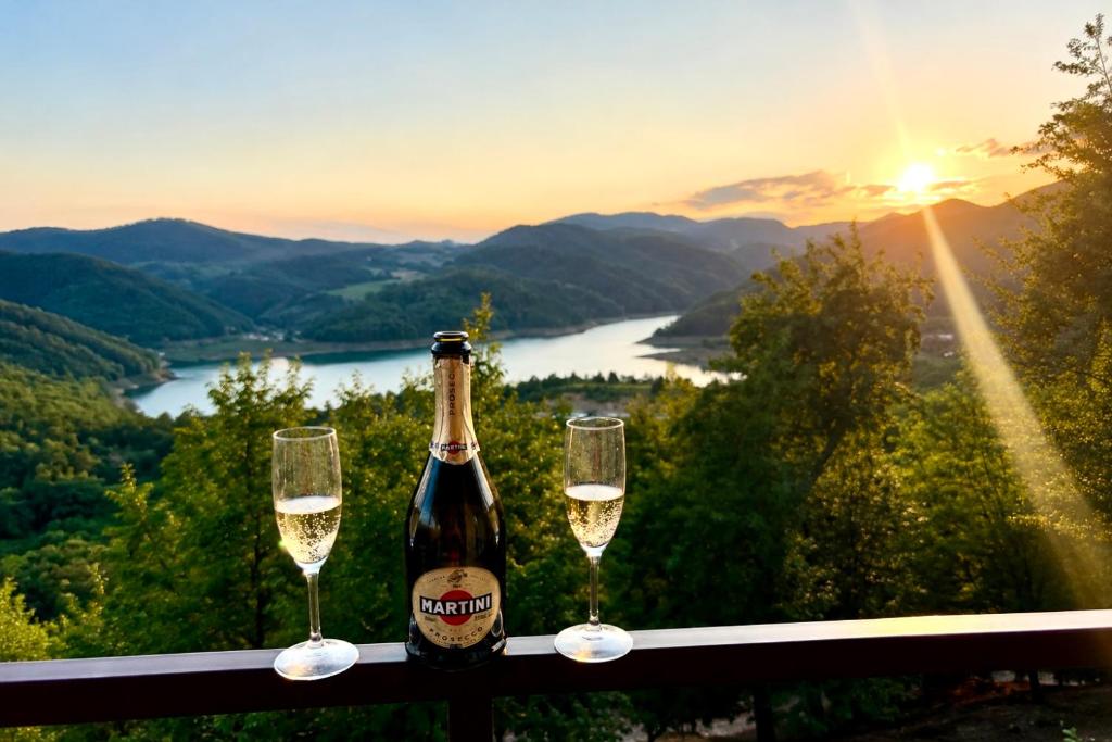 a bottle of champagne and two wine glasses on a ledge at Apartmani JELIČIĆ in Zaovine