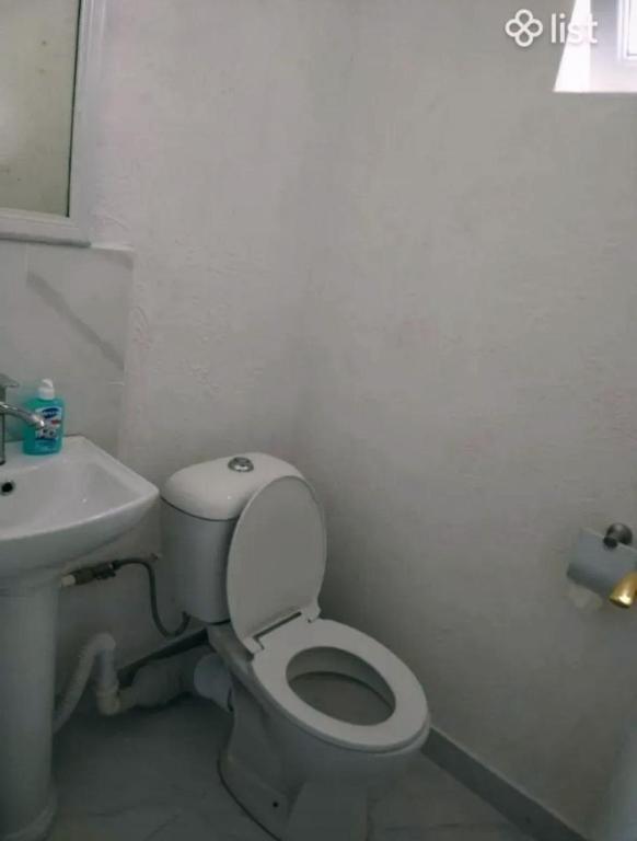 a white bathroom with a toilet and a sink at Meronc Mot Guesthouse in Stepʼanavan