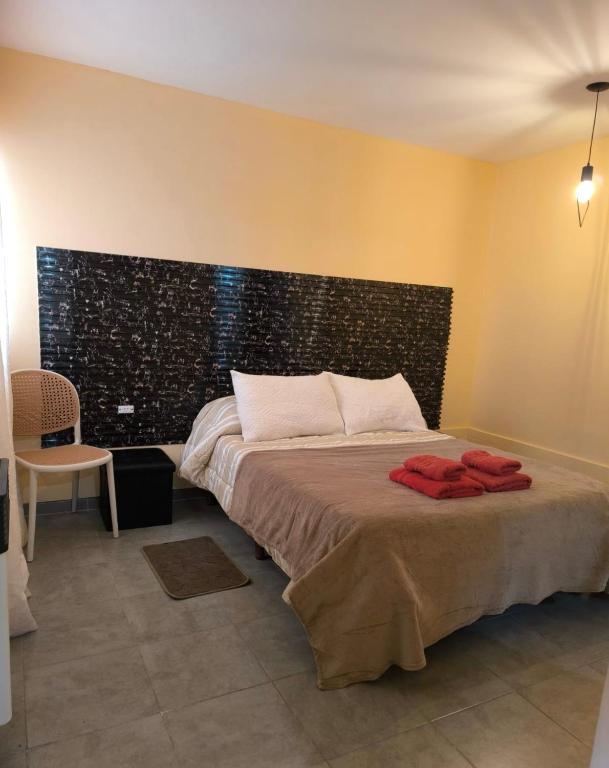 a bedroom with a large bed with a brick wall at Loft Don Bosco in San Luis