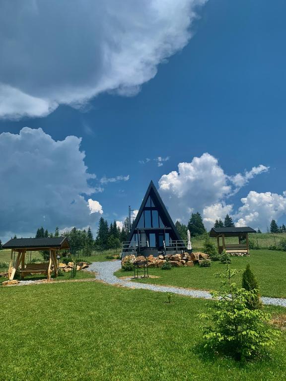 a house with a gambrel roof on a green field at Chalet Charme Bucovina in Coşna