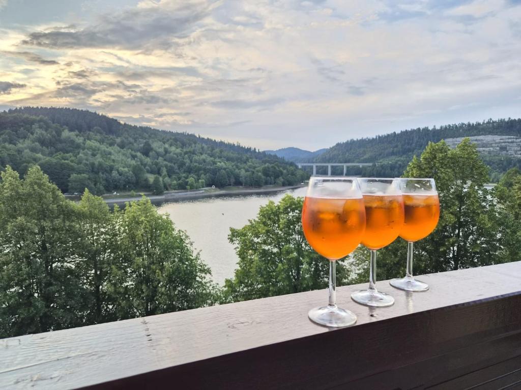 two glasses of beer sitting on a ledge overlooking a river at Lake View in Fužine