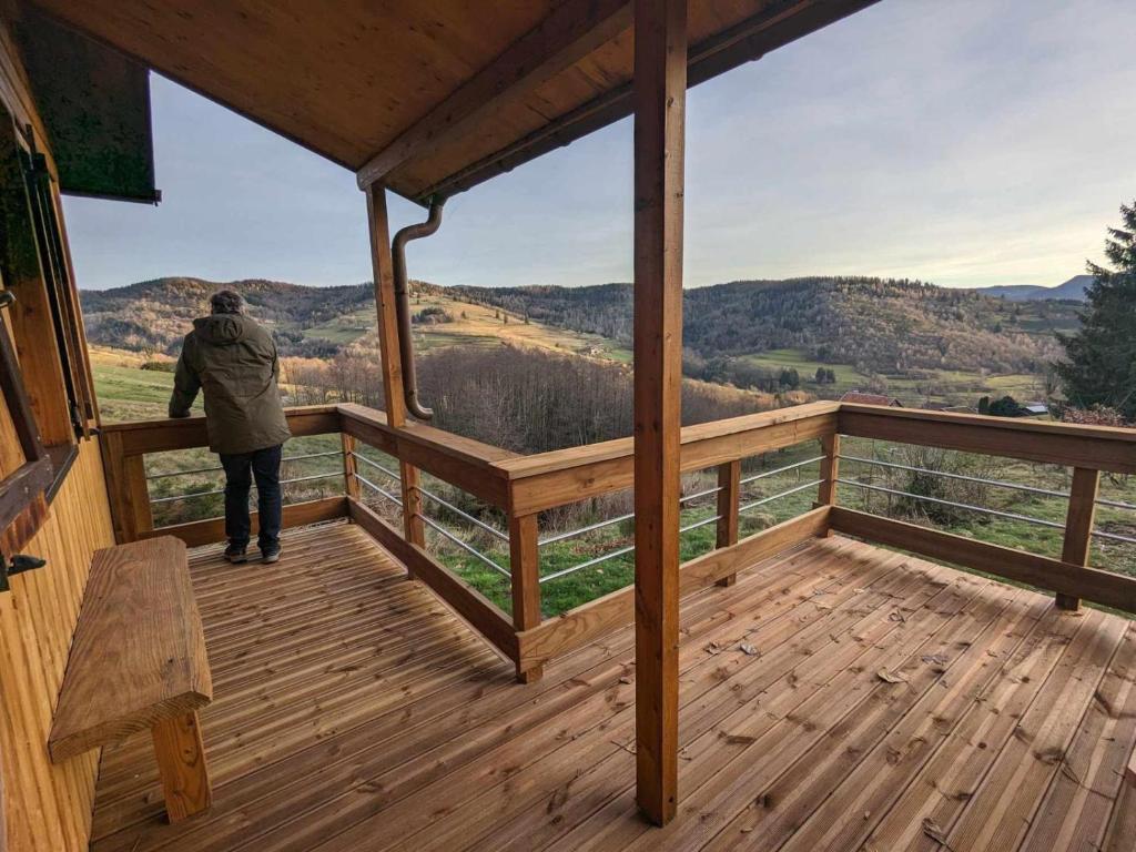 a person standing on a wooden balcony of a cabin at Wooden chalet with splendid view in Fresse-sur-Moselle