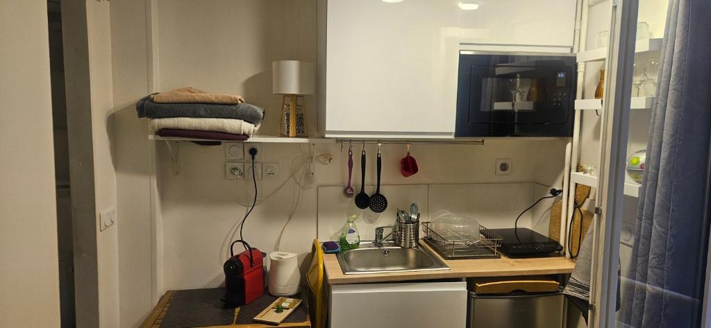 a small kitchen with a sink and a counter at Studette Rémilly à Versailles in Versailles