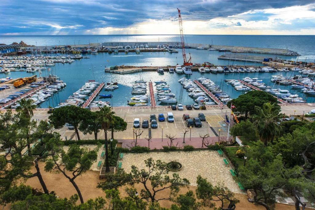 eine Luftansicht auf einen Yachthafen mit Booten im Wasser in der Unterkunft La mestrança in Blanes