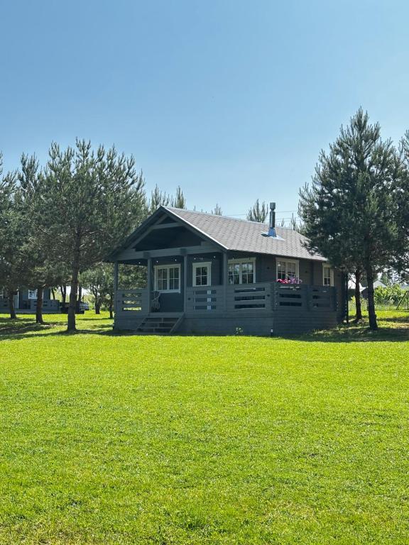 a small house in a field of green grass at Kregžlės slėnis in Skirlėnai