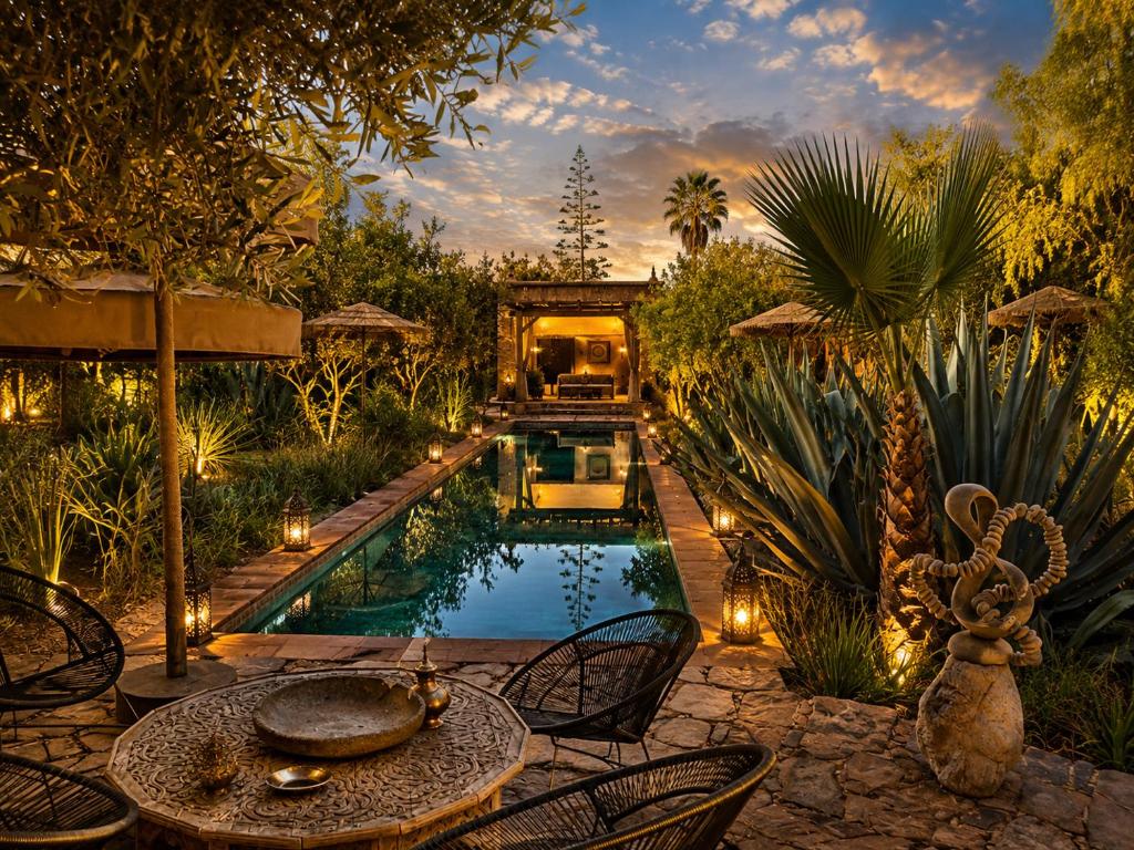 a pool in a garden with a table and chairs at Riad chama in Taroudant