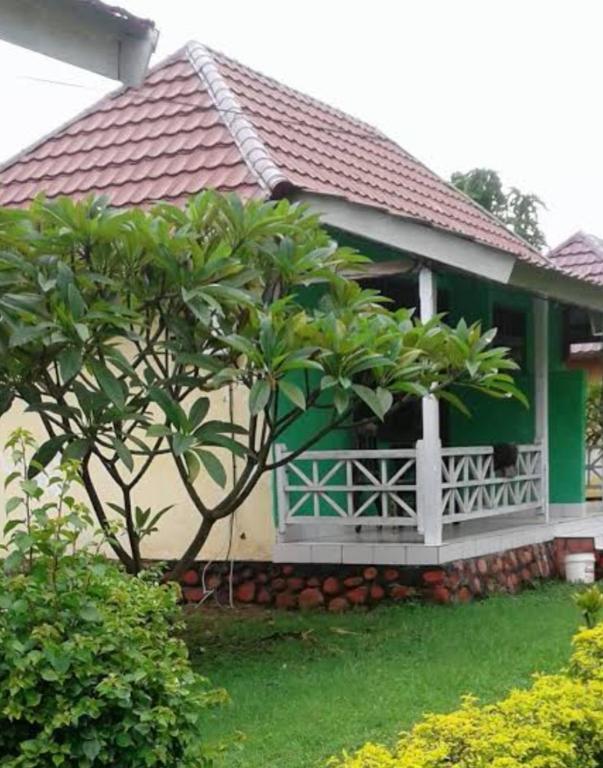 a green and white house with a tree in the yard at Hotel Puma Bungalow in Huu