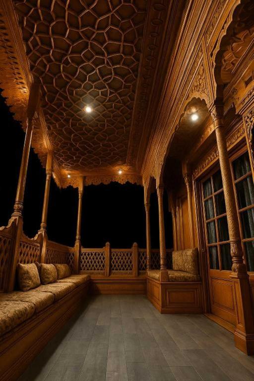 a large room with couches in a building with a ceiling at Floating Luxury Group Of Houseboats in Srinagar