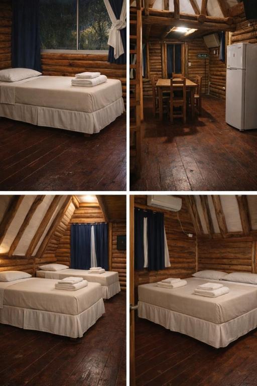 three pictures of a room with two beds and a table at Complejo del Canton Valais in Baradero