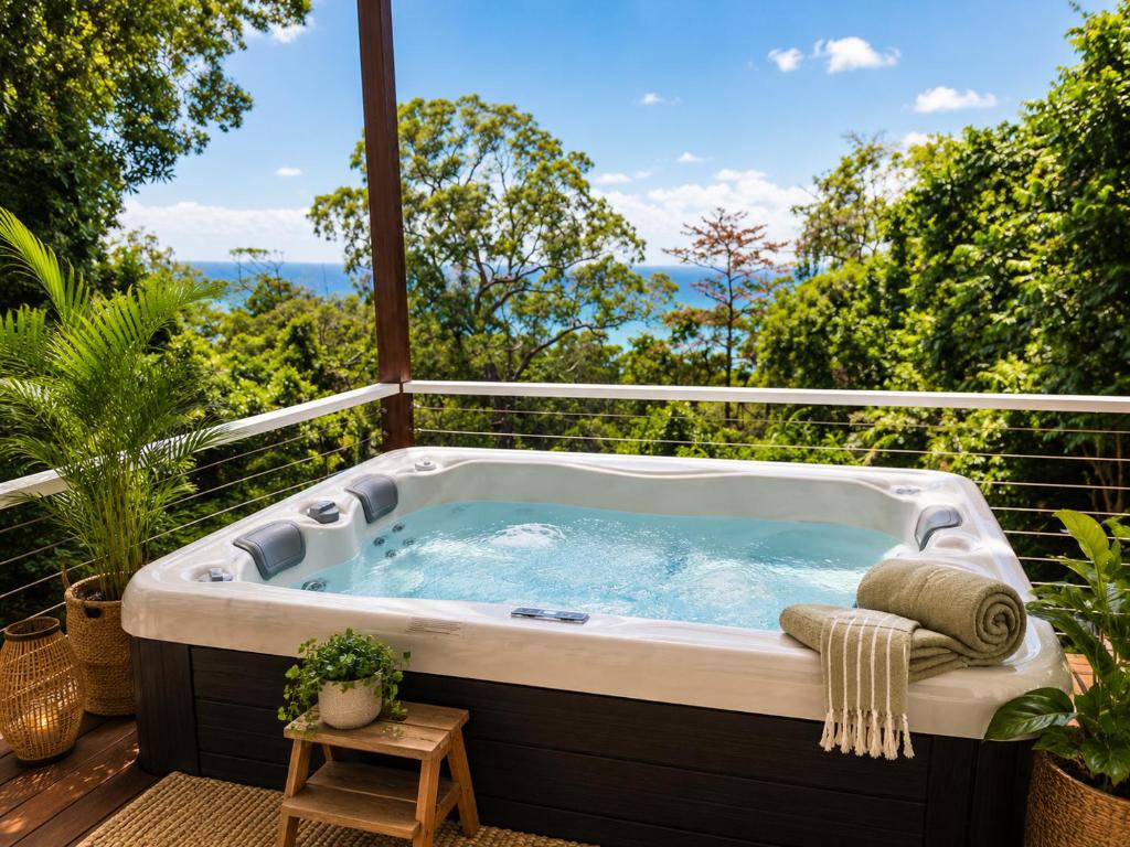 a jacuzzi tub sitting on top of a deck at Sky: rainforest and ocean views with jacuzzi in Miallo