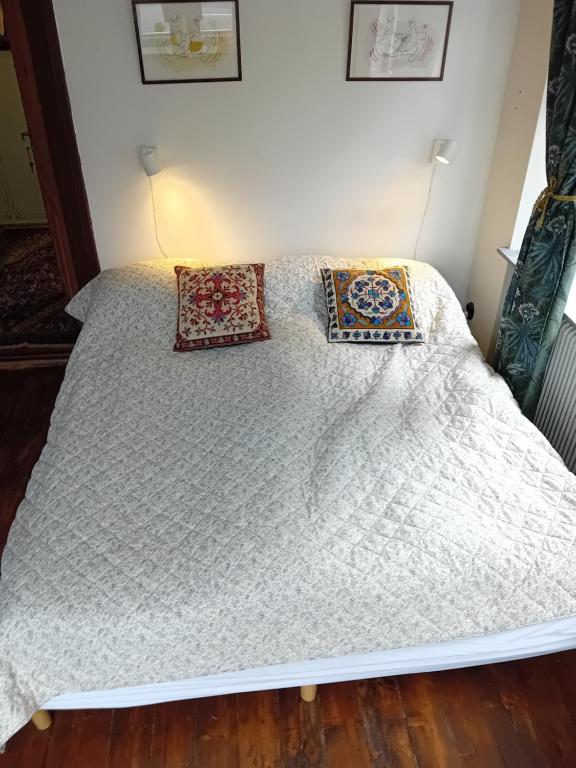 a bed with two pillows on it in a room at Strandhgarden B&B Cozy Room near Malmo in Oxie