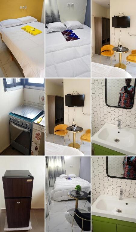 a collage of photos of a room with a bed and a sink at Cité des Nîmes in Bouaké