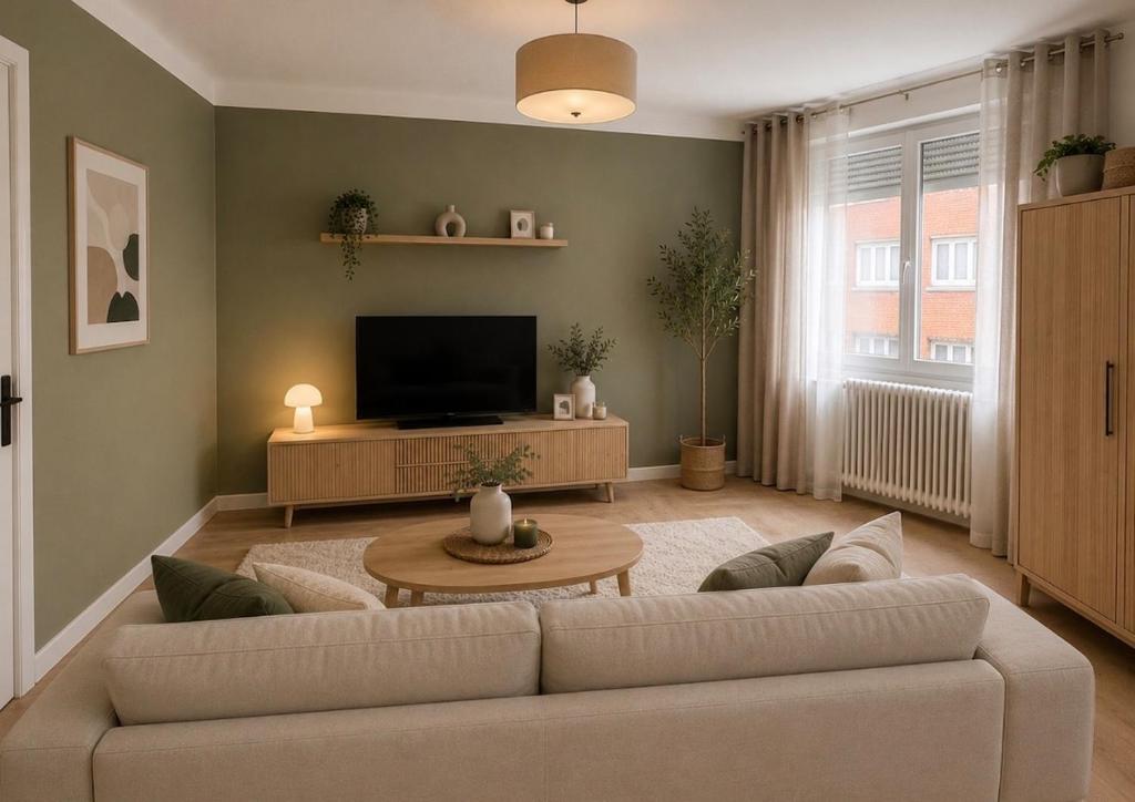 a living room with a couch and a tv at Appartement Dunkerque cocooning centre ville in Dunkerque