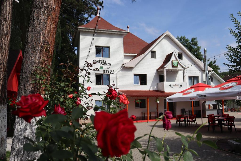 a white building with red roses in front of it at La Brazi by BMD in Vulcan